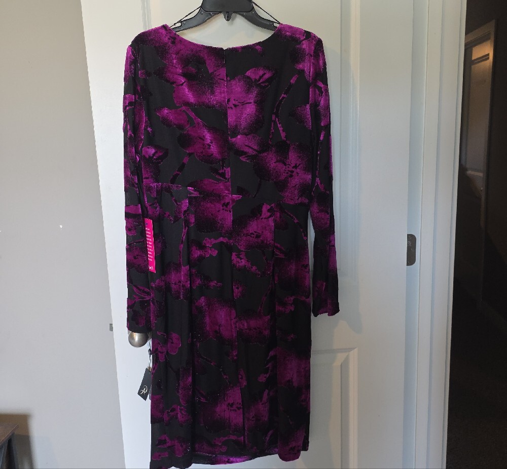 Adrianna Papell Black and Purple Floral Wrap-Style Long Sleeve Dress - Picture 12 of 13